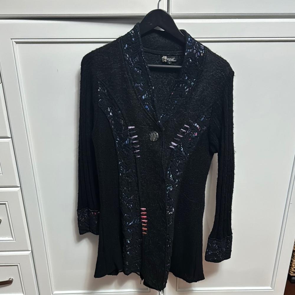 Anthropologie Black Knit knee length Cardigan with Multicolor Accents